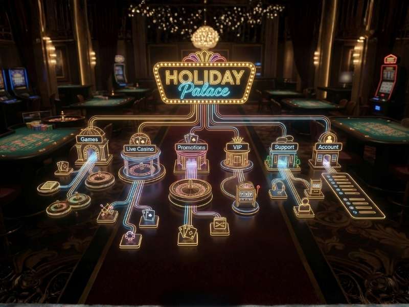 โครงสร้างเว็บ Holiday Palace ภาพรวมการจัดวางหน้าเว็บไซต์และลำดับการเข้าถึงภายในแพลตฟอร์ม